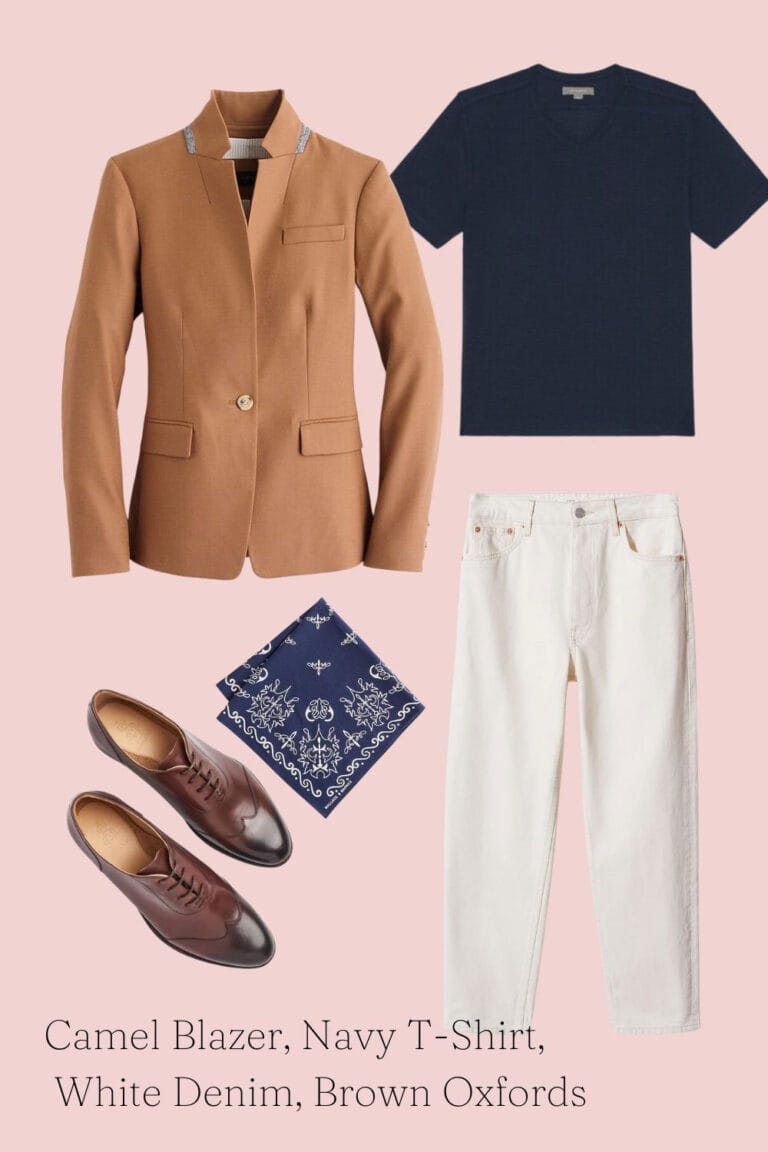 A camel blazer, black t-shirt, bandana, shoes, and white jeans in a graphic with a pink background.