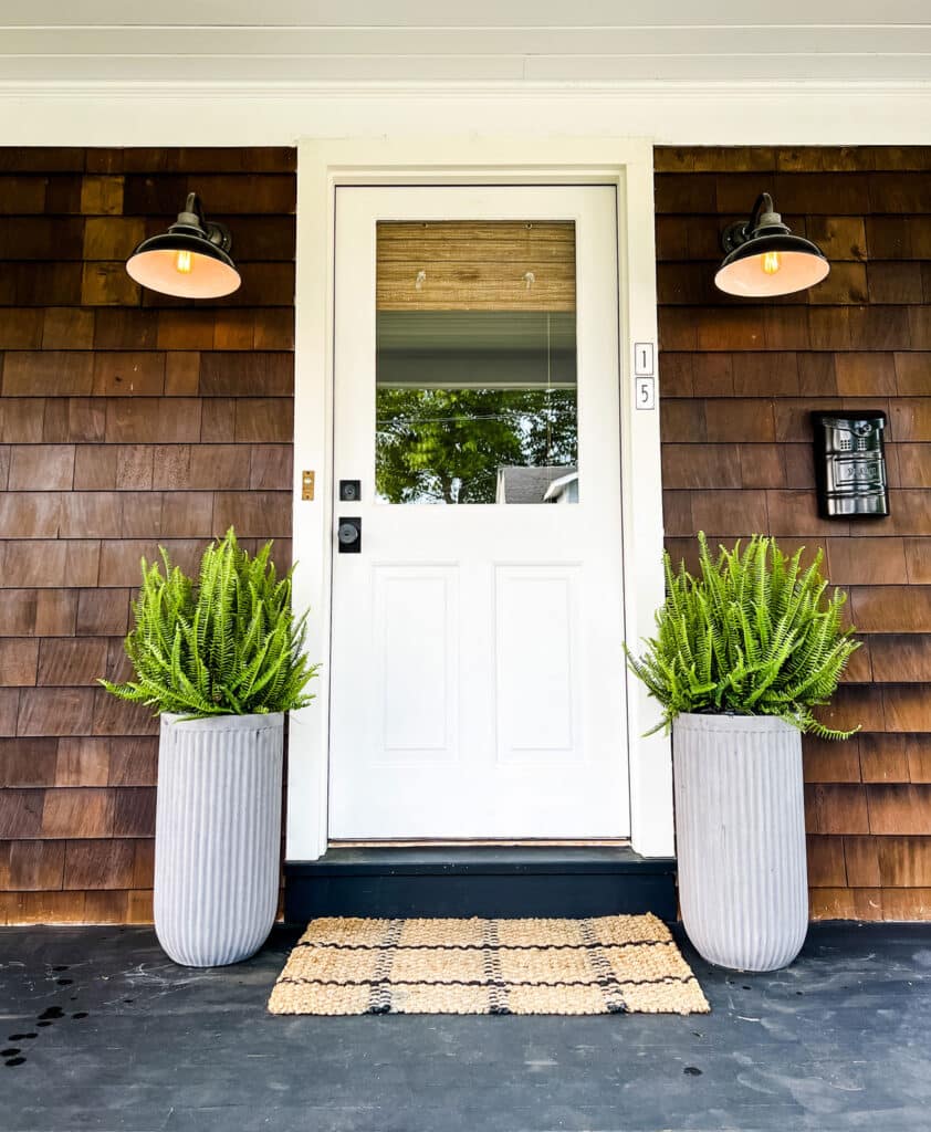Kimberly Queen Ferns in Concrete Pots beside white door on home with shingles 