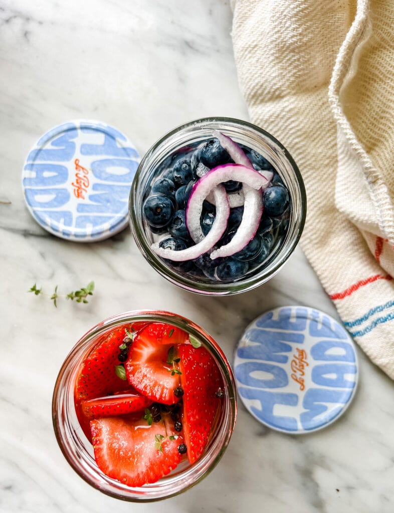 Pickled Strawberries & Blueberries in Le Parfait Jars