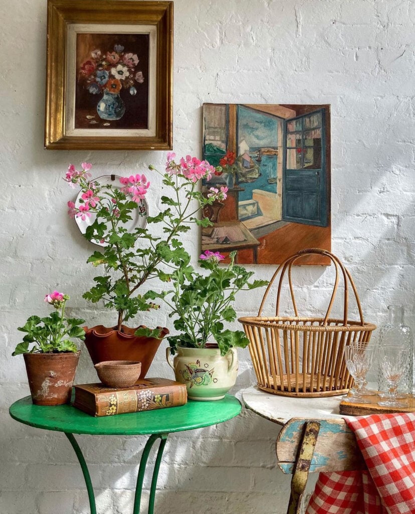 Mason & Painter on Columbia Road in London has art, antiques and geraniums for the perfect cottage look