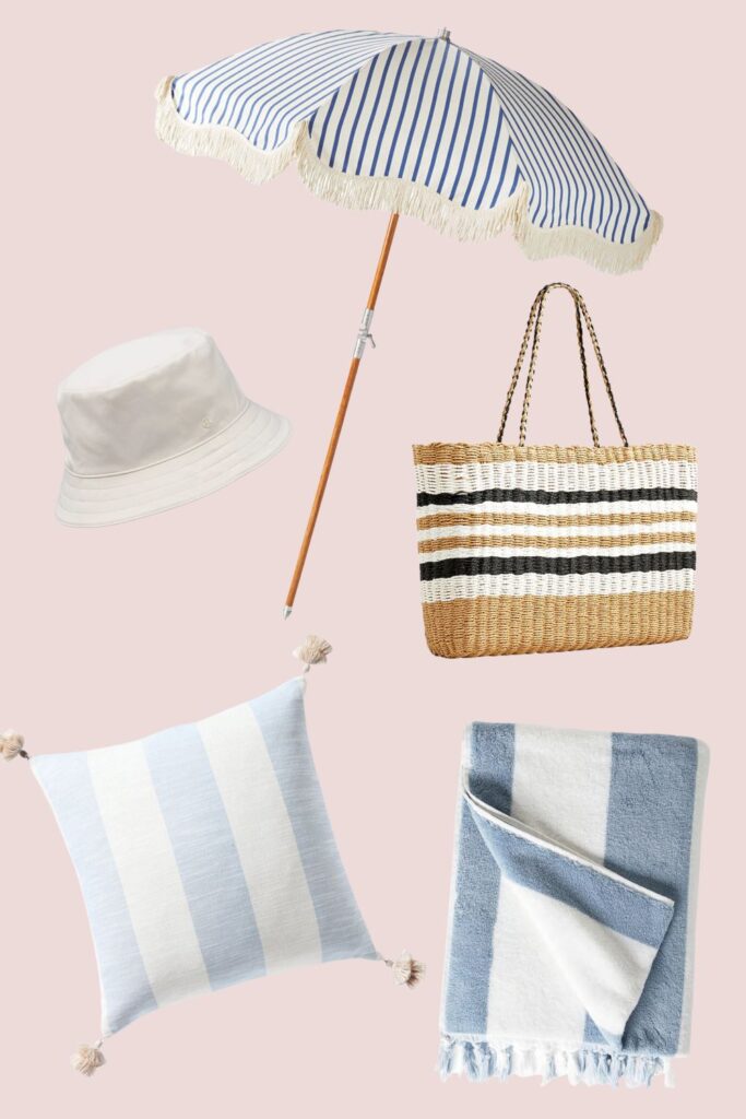  striped bags, towels, umbrellas