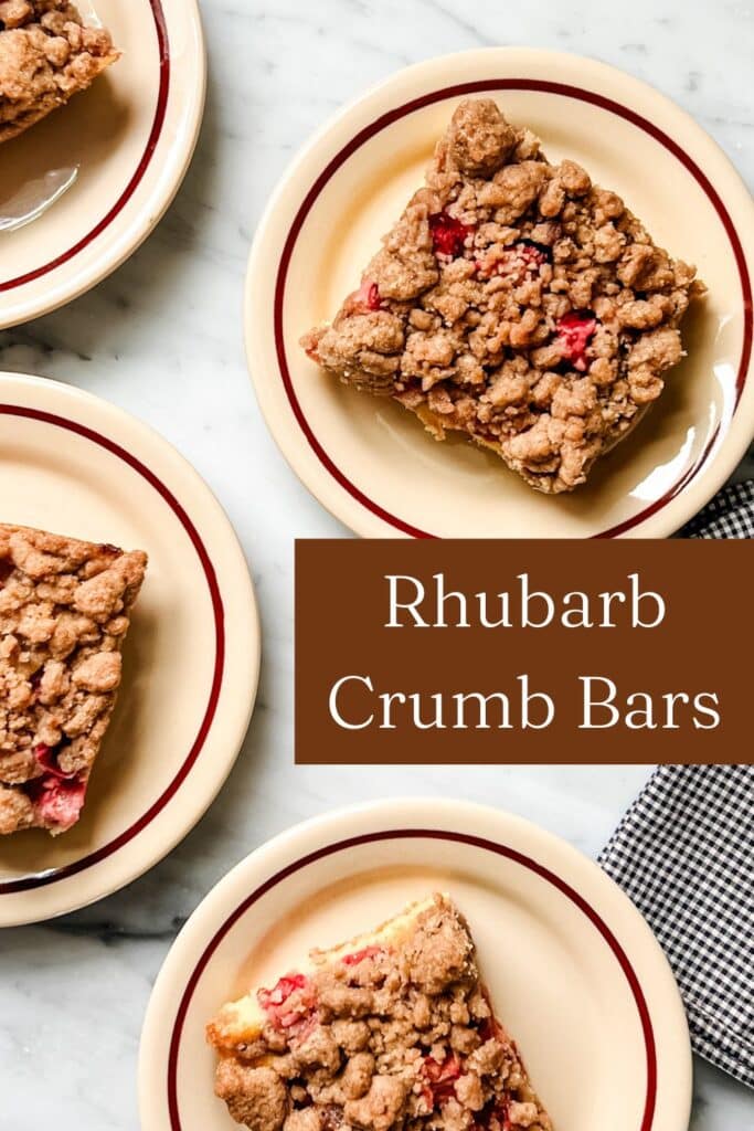 The Best Rhubarb Crumb Bar Recipe With Vanilla Cream -rhubarb bars on small plates with brown rim