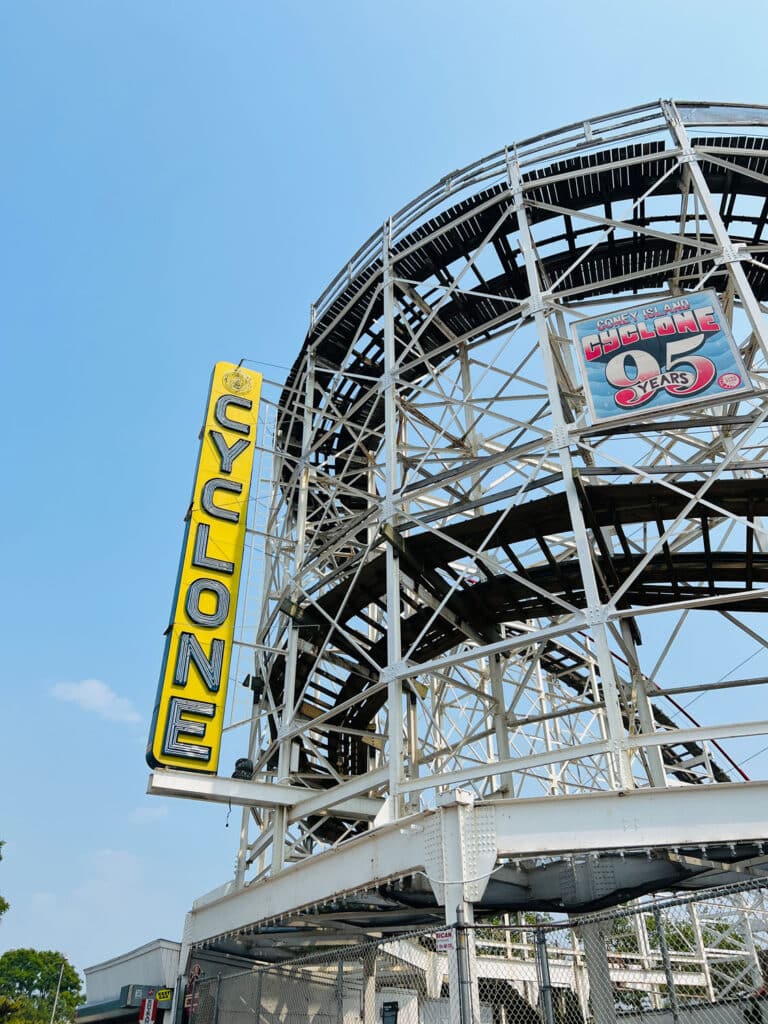 Cyclone sign on roller coaster in Coney Island 