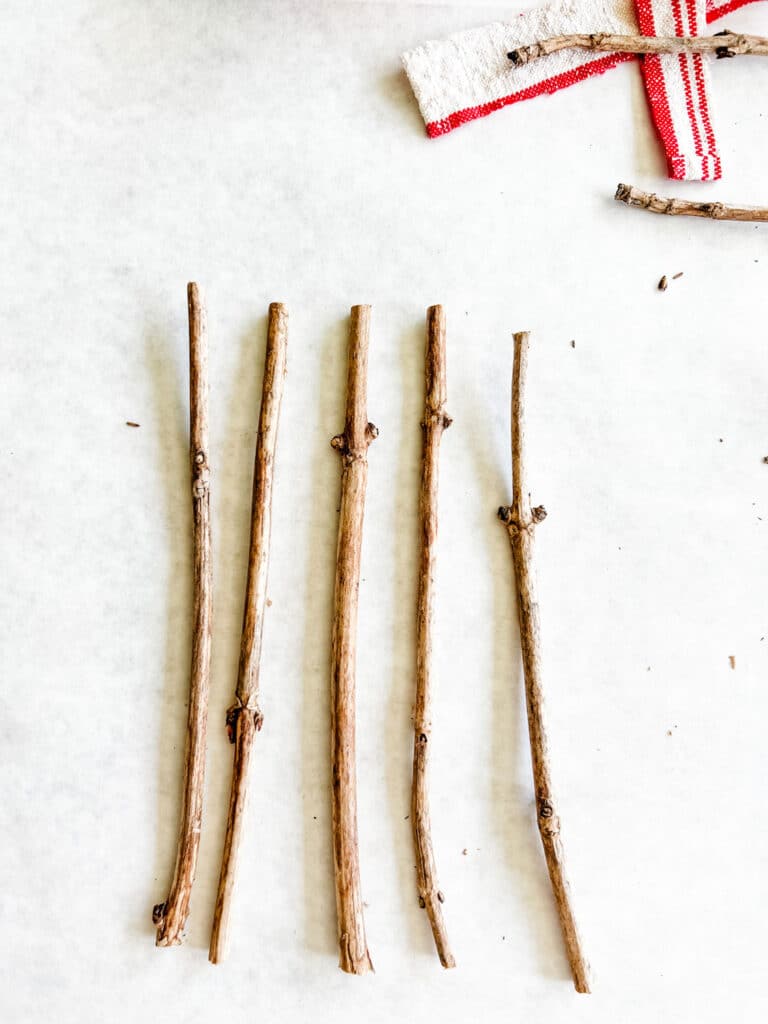 5 twigs on white paper, red and white fabric ribbons 