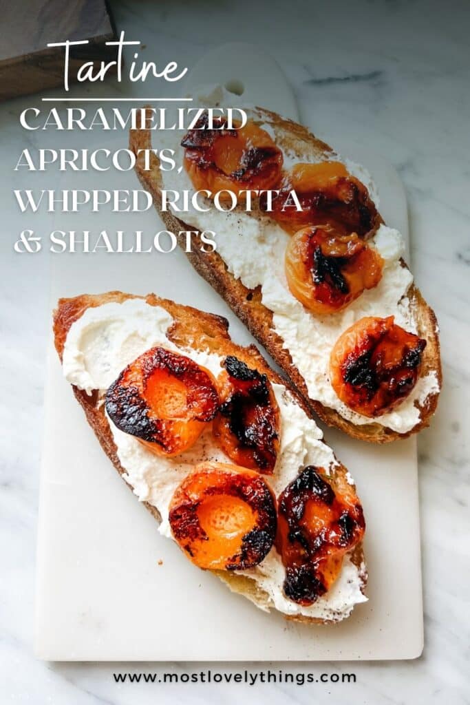 Caramelized apricots and fresh ricotta tartine graphic with text overlay