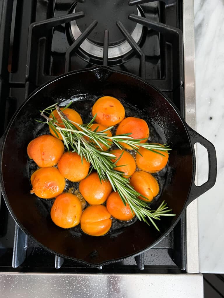 Apricots Cut-Side Down with Fresh Rosemary in Lodge Skillet