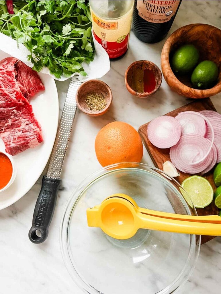 The ingredients for the marinade for making carne asada street tacos.