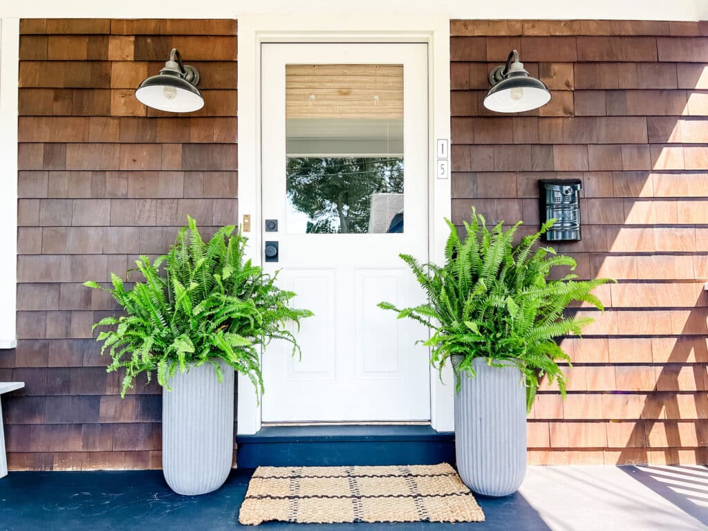 Cottage-style white front door, Emtek electronic smart lock, black lights on each side of door, black mailbox, and two planters with ferns