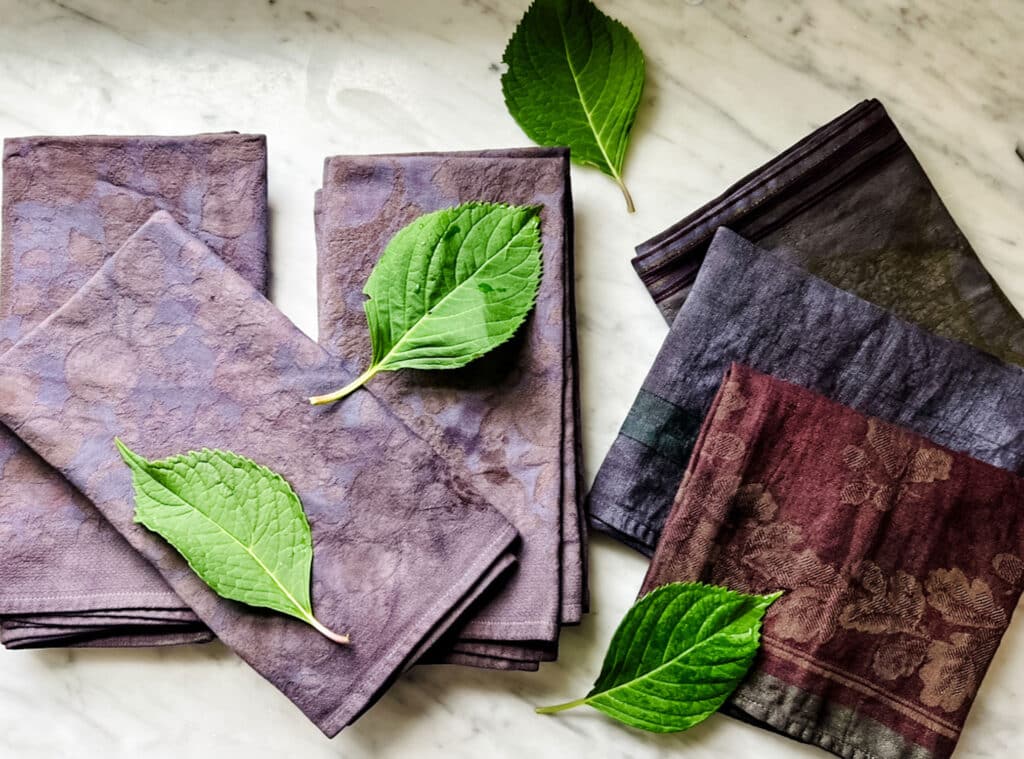 Black Rit Dye on Vintage Linens with hydrangea leaves