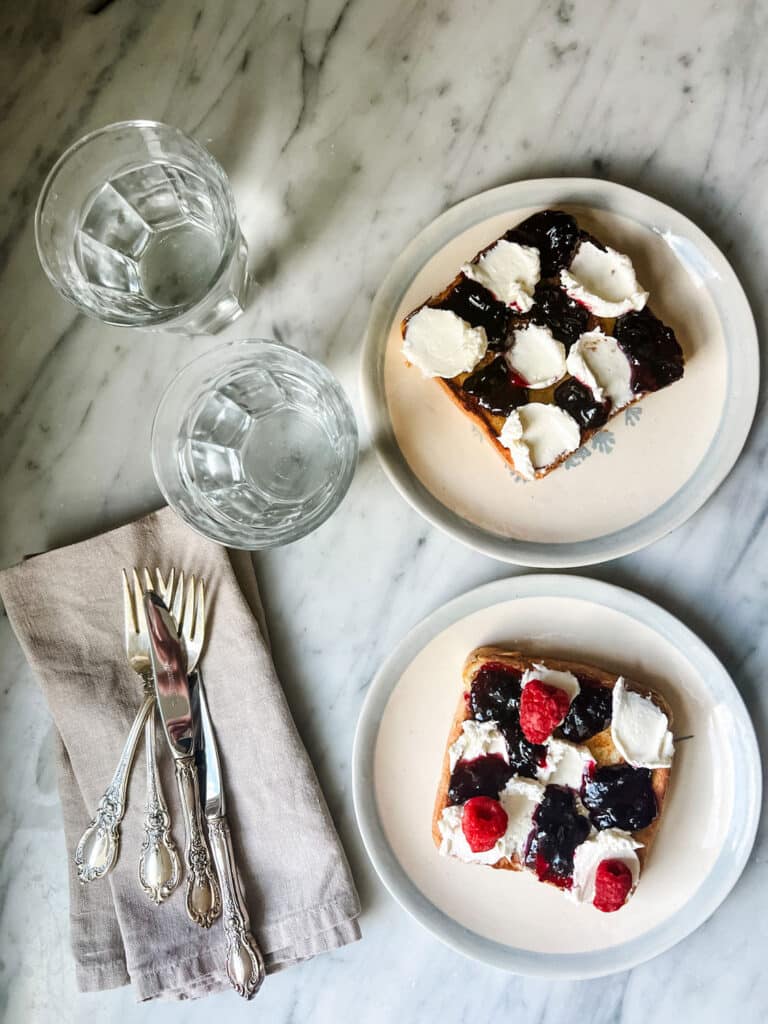 Checkerboard Brunch Toast on small plates with blue rim