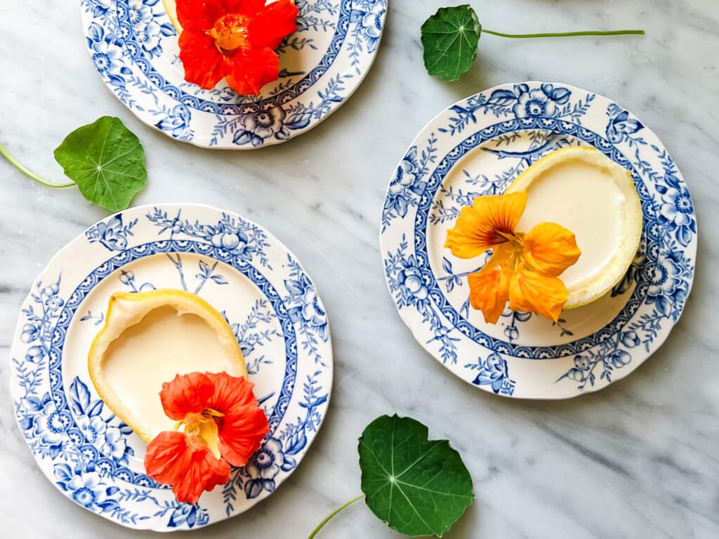 Lemon posset on blue and white plates with leaves, flowers. 