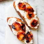 A delicious sweet and savory tartine with caramelized apricots and whipped ricotta.