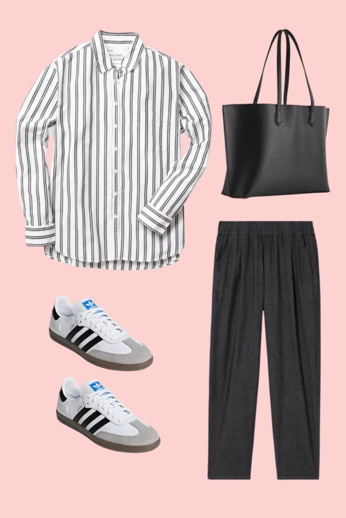 Eileen Fisher pull-on pants, a button-down from Unsubscribed and Samba OG Sneakers.
