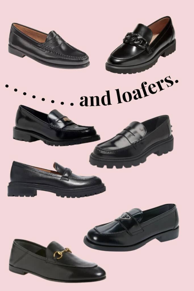 A selection of black loafers against a pink background
