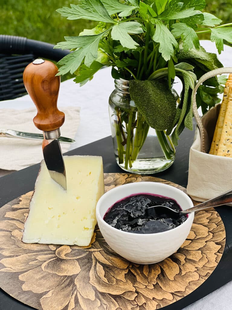 Artisan cheese with cheese knife, blueberry jam in a white bowl with fresh herbs in the background