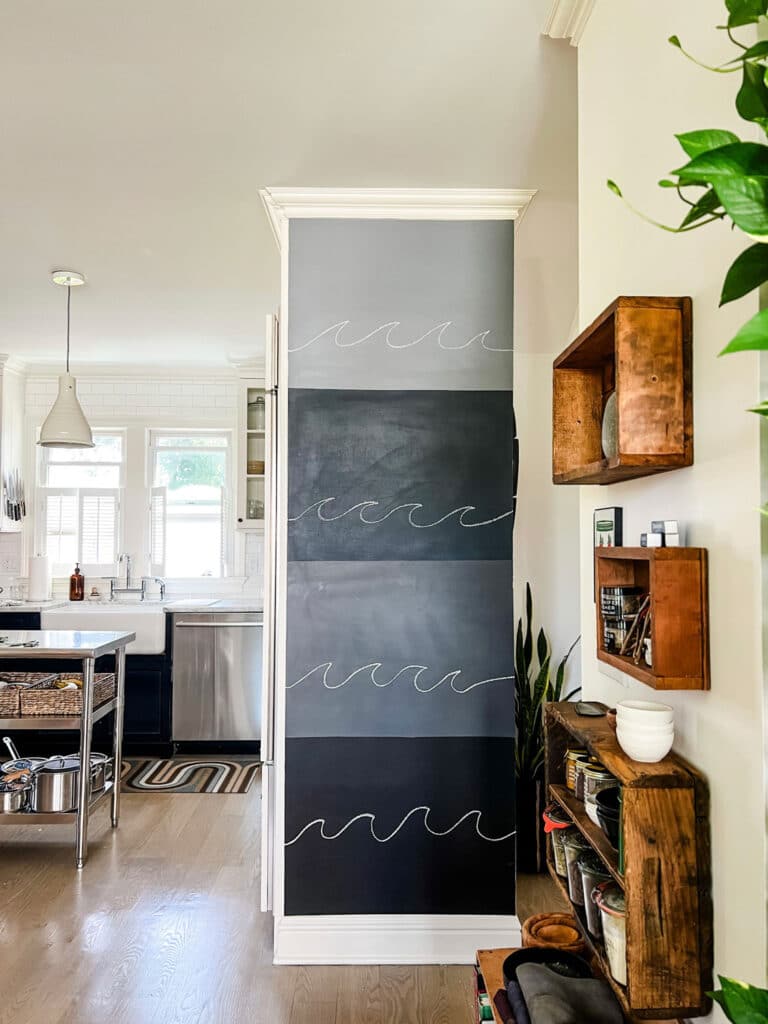 Painted chalkboard wall in kitchen with four different shades of black and gray