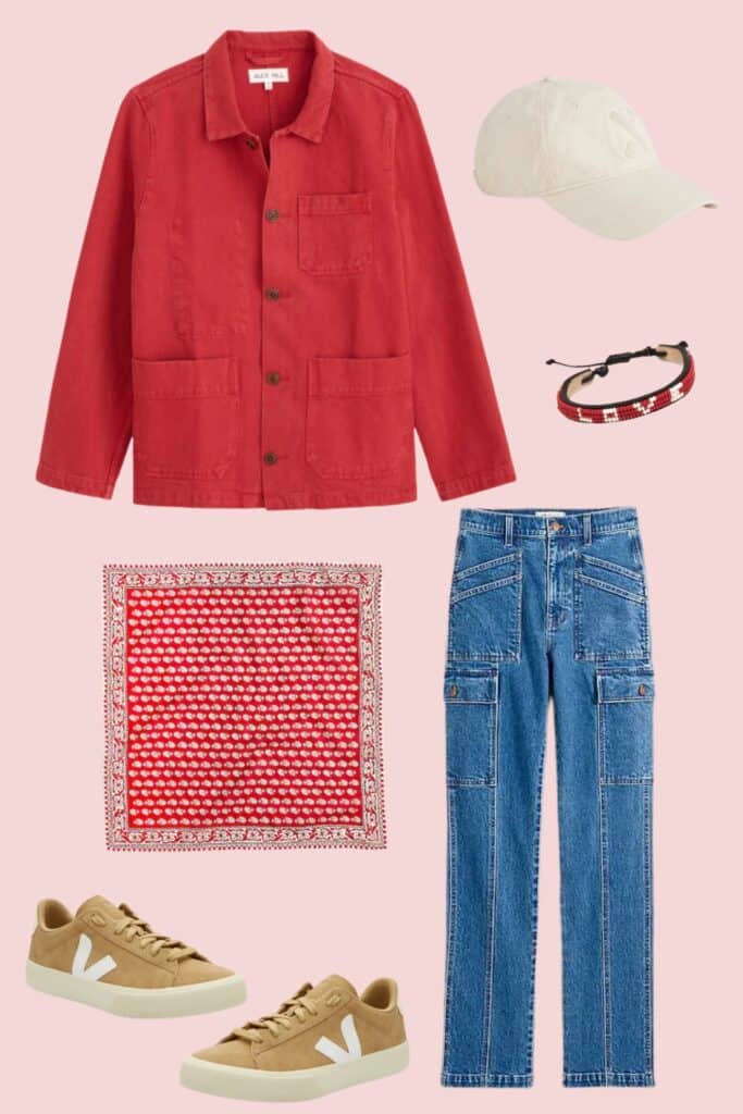 A red chore coat featured with a love bracelet, red bandana, jeans, Vejas shoes, and khaki baseball style hat