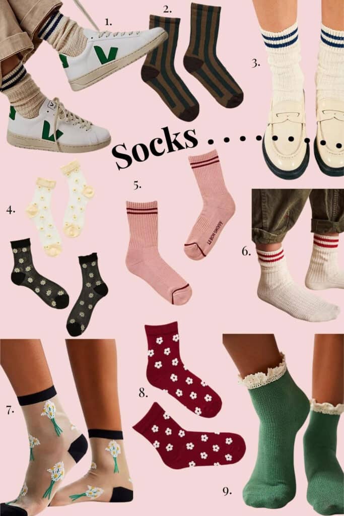 All kinds of different socks featured on a fall accessory fashion board