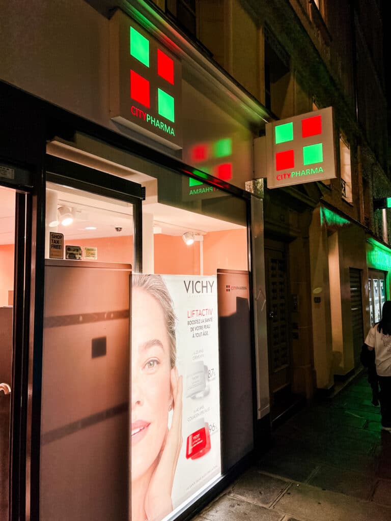 City Pharma in Paris at night exterior