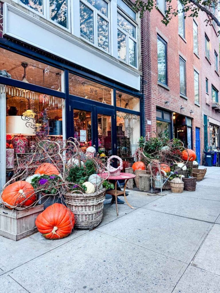 John Derian Shop in NYC in the fall with pumpkin display.