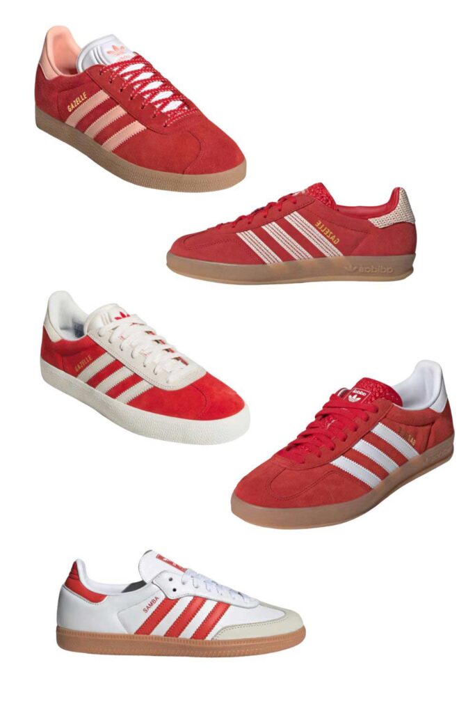 Red and white Adidas Sambas and Gazelles shown in a graphic.