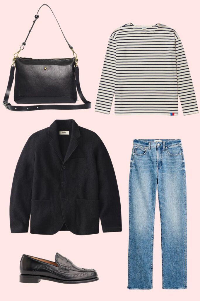 graphic with bag, striped tee, black jacket. loafer, jeans 