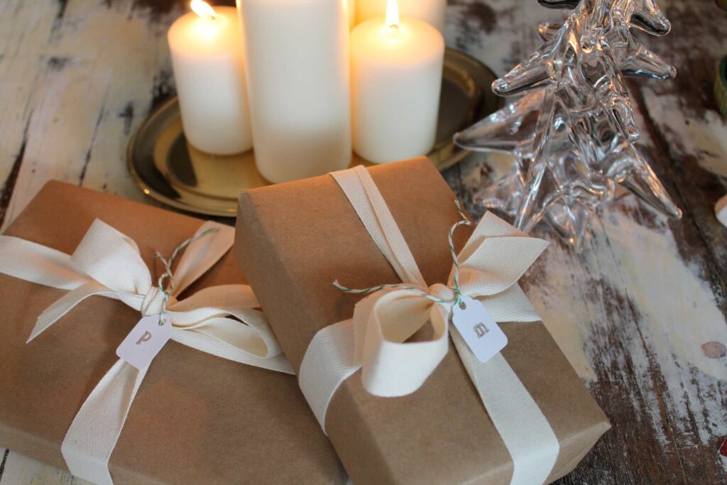 Kraft paper packages, beautiful ribbon, tags with stamped initials