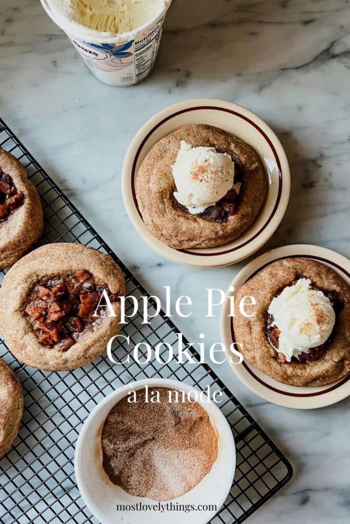 Apple pie cookies have been topped with vanilla ice cream for a fun and festive dessert.