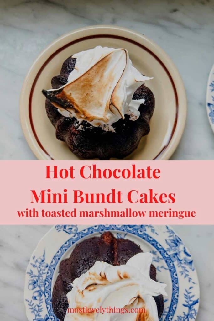 Two hot chocolate mini bundt cakes with toasted marshmallow meringue are served on two small individual plates.