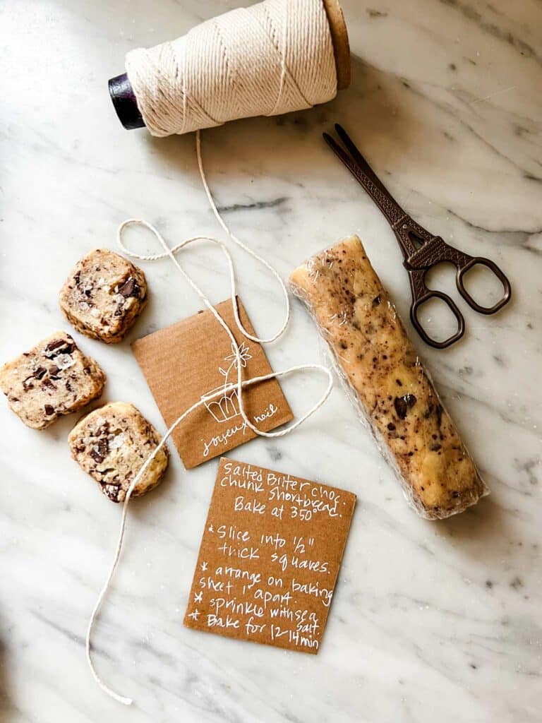 Give Salted Butter Chocolate Chunk Shortbread cookies, spool of twine, scissors, tags