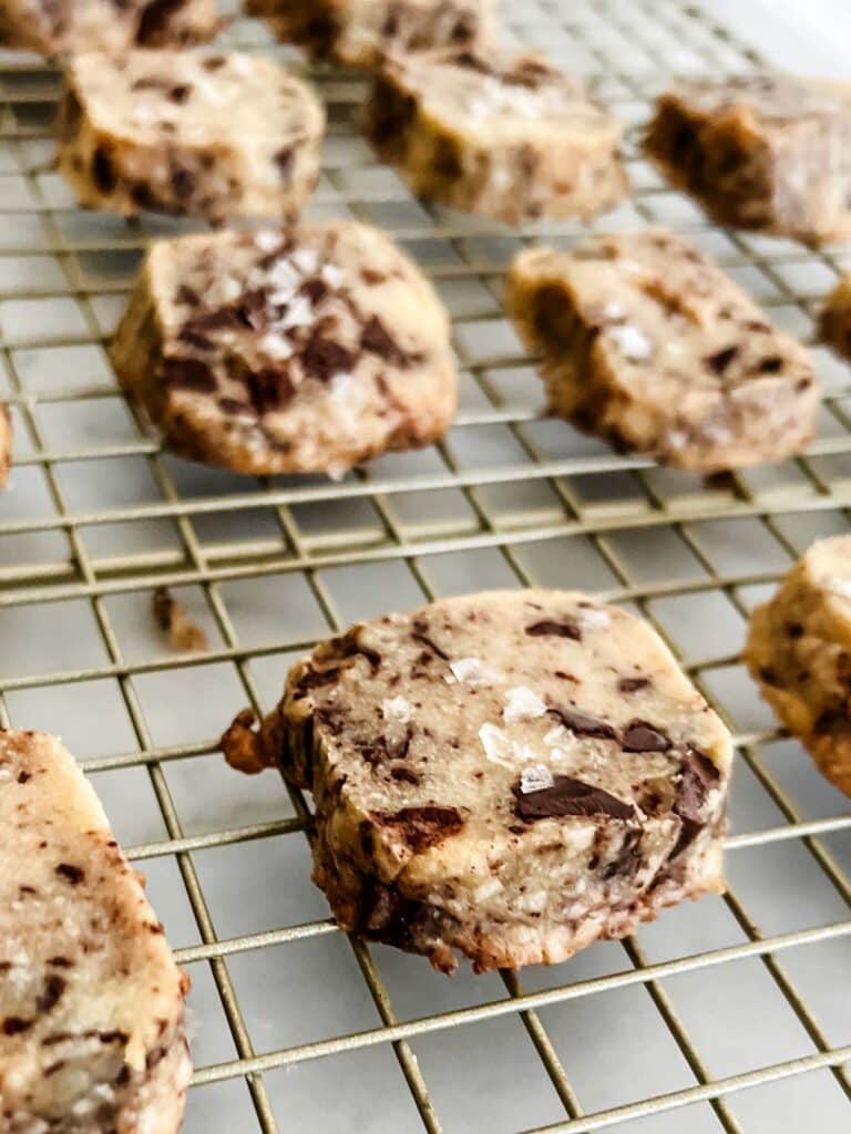 Salted Butter Chocolate Chunk Shortbread Cookies with a sprinkling of  sea salt 