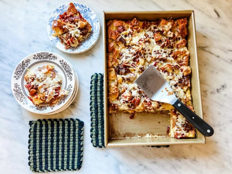 French onion casserole served on two small plates.