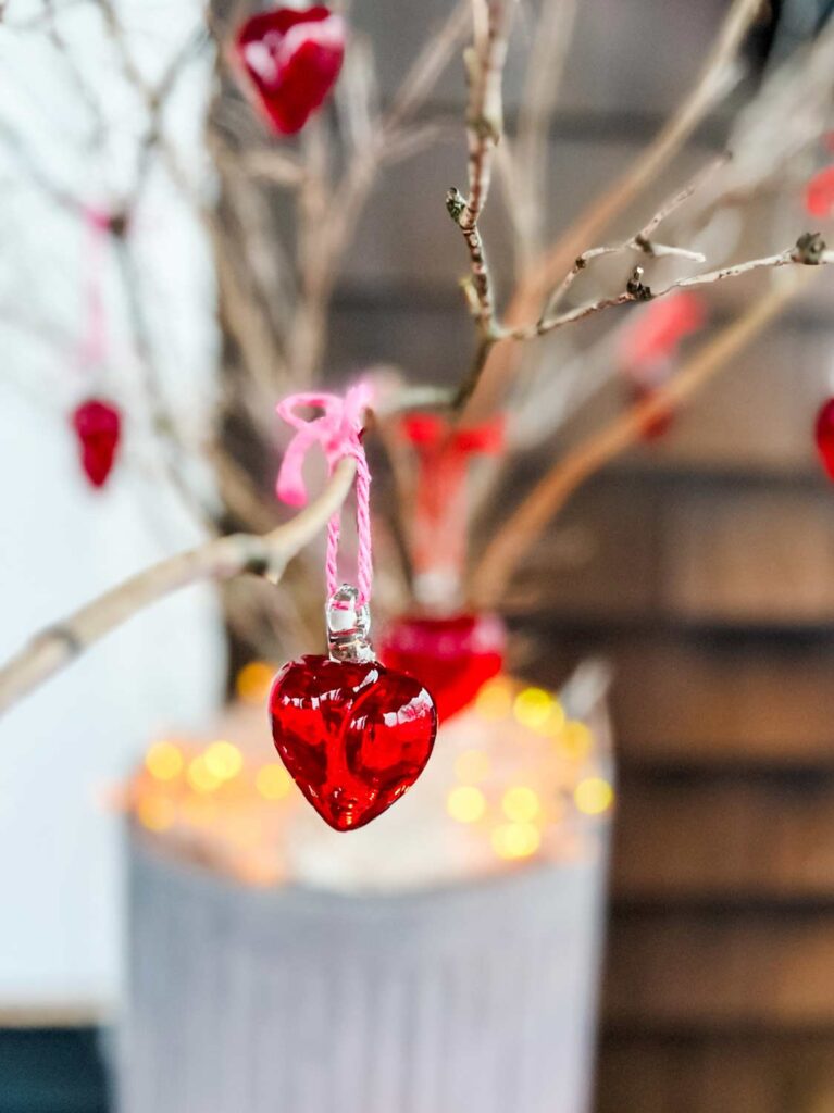 bare branches in our outdoor planters and hung red glass hearts using pink and red twine. 