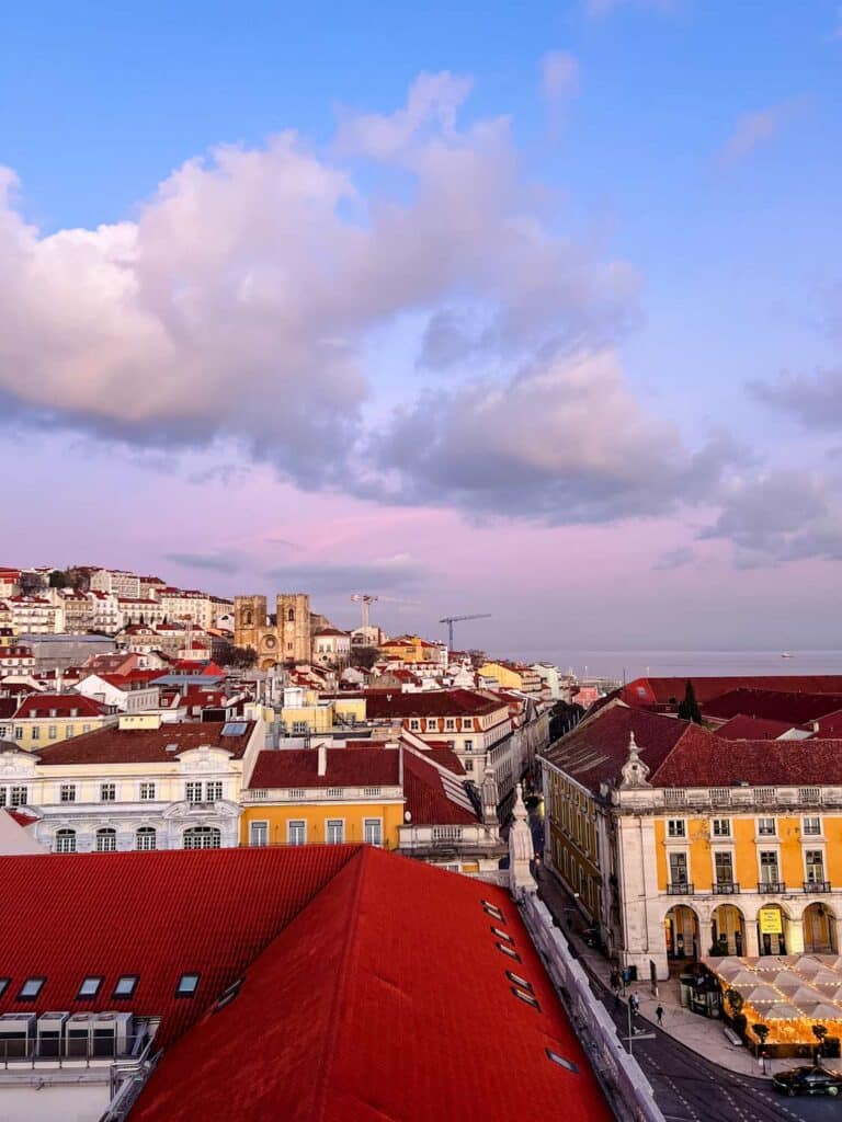 A city view of Lisbon from the tower in Praça do Comércio on a mile winter day in January. The temperature is 58 degree Fahrenheit.