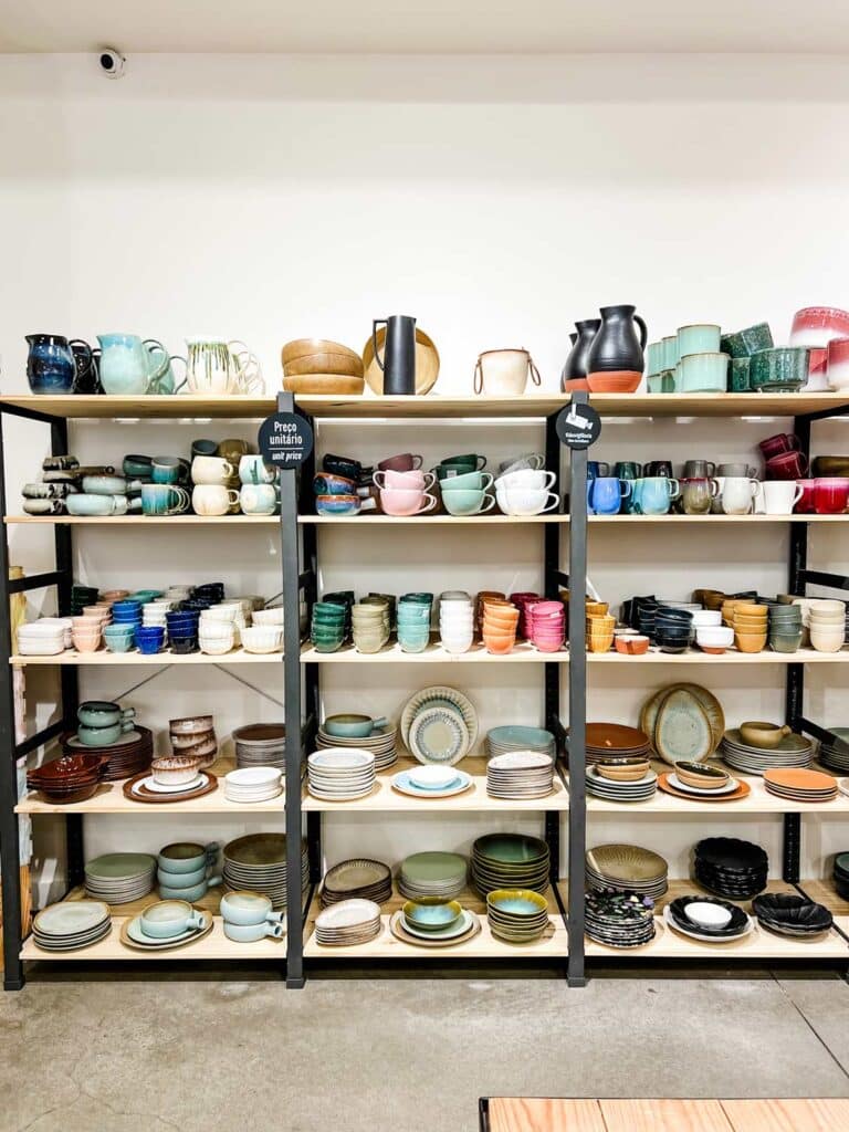 Shelves of beautiful artisan pottery you can find in many shops in Lisbon.