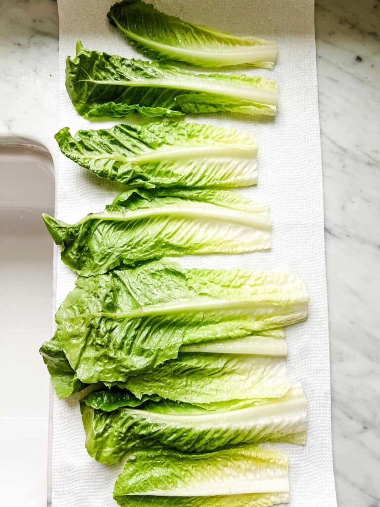 Romaine lettuce has been washed and is drying on paper towels.