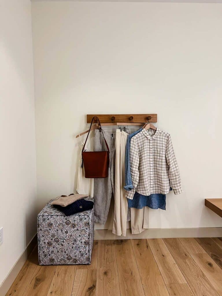 The dressing rooms at Garnet Hill's new store are spacious and comfortable. Natural wood racks are perfect for holding clothes to try on.