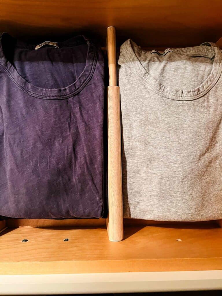 ​Ideas on How to Organize a Small Clothes Closet-drawer dividers to keep stacks of t-shirts organized. 