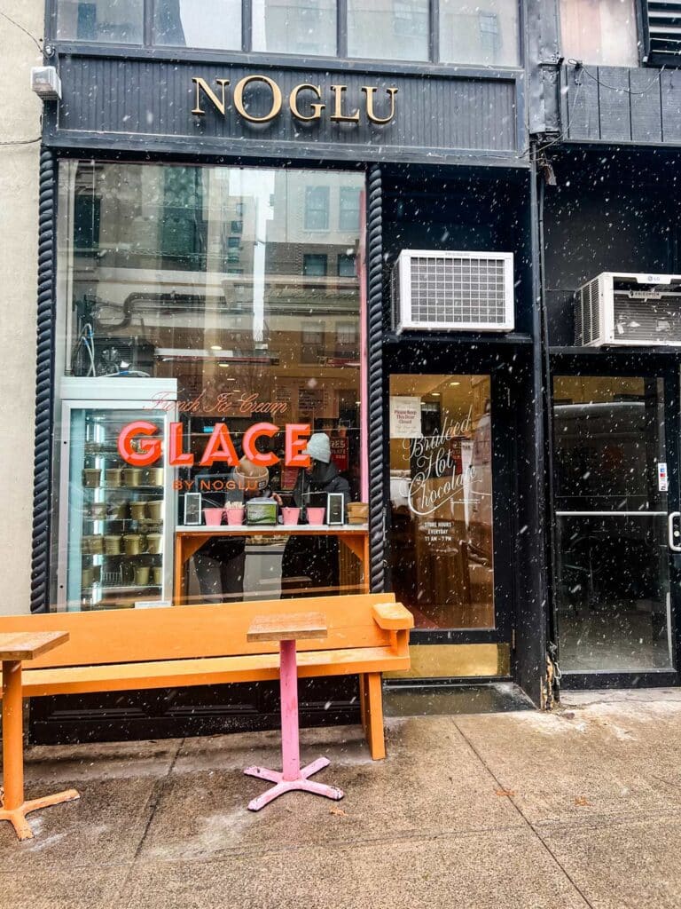 Glace by Noglu, a hot chocolate and ice cream shop, on a cold and snowy day in New York City.
