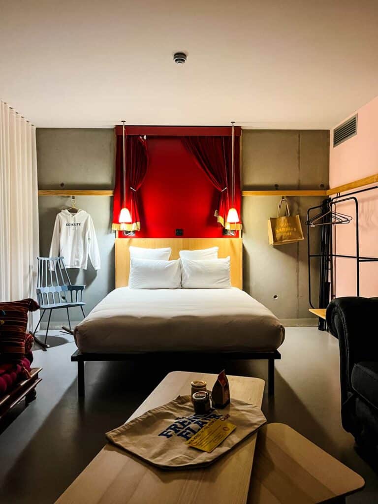 The bed in a typical guest room at the Mob Hotel in Lyone, France.