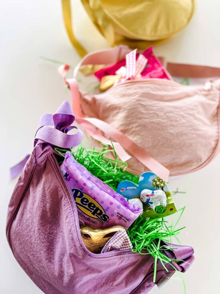 round mini shoulder bags in Easter egg colors as Easter baskets 