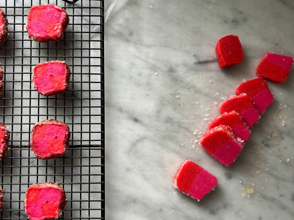 Easy Valentine's Day Shortbread Cookies pink and red squares on cooling rack 
