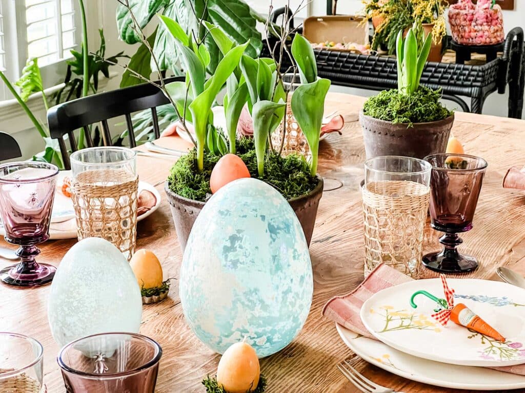 glass eggs, potted plants, carrot chocolates, egg candles 