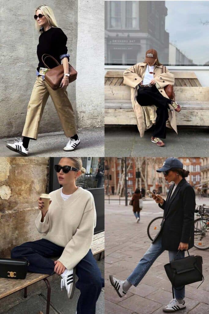 A collage of fashionable women wearing Adidas Samba sneakers with many different outfits - casual and dressy.