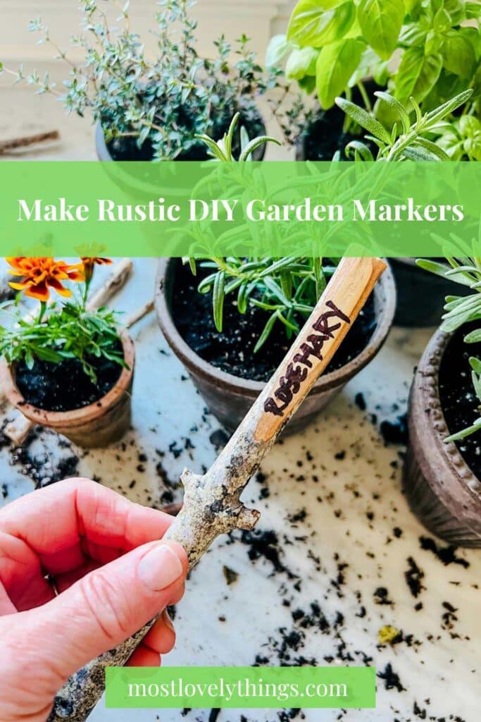 Herbs with DIY plant markers are freshly planted in Berg pots.