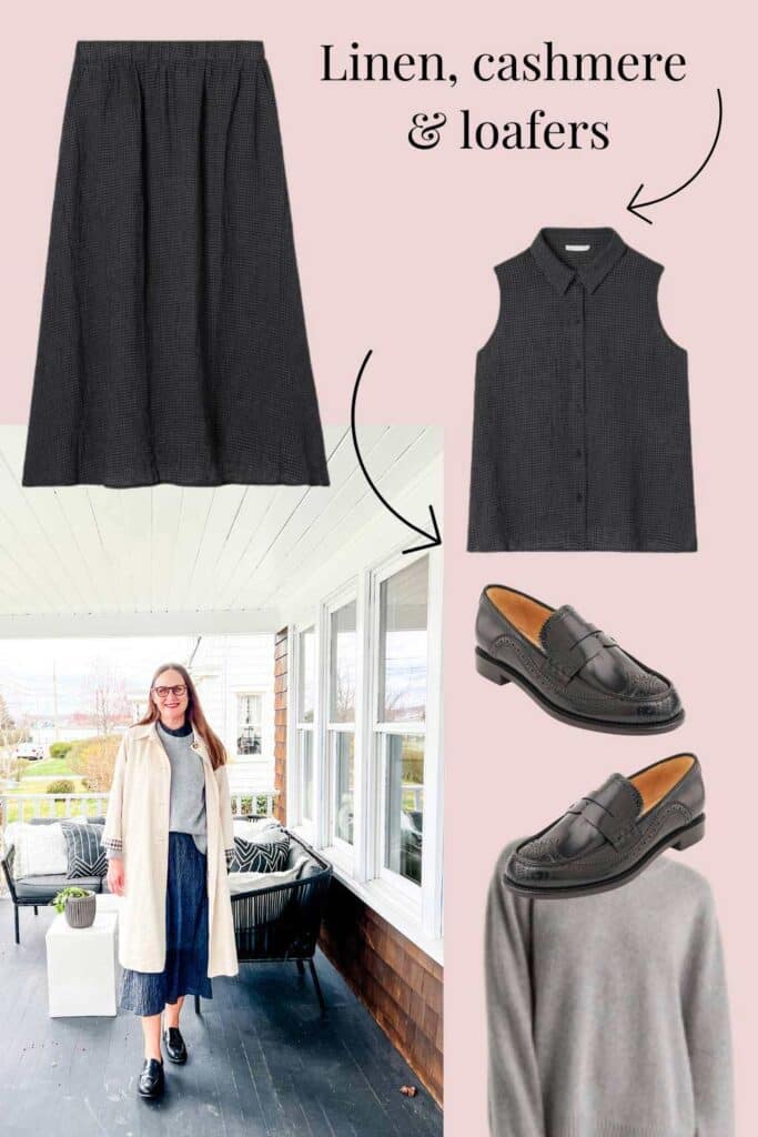How To Style a Trench Coat Like a Parisian with skirt, sweater, on porch 
