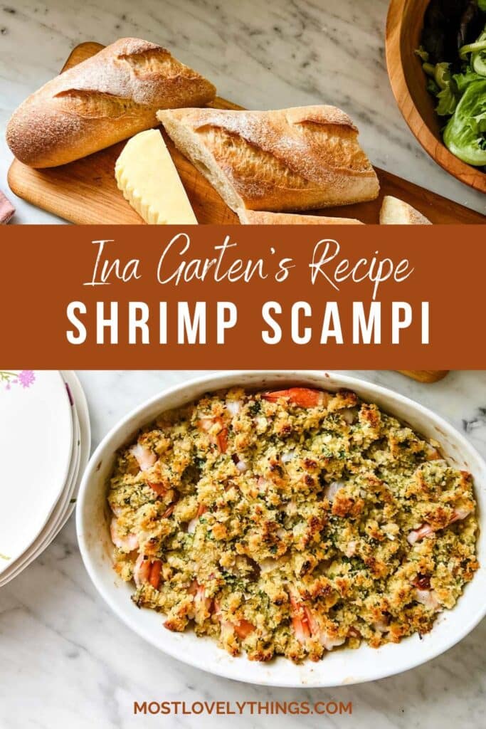 Ina Garten's shrimp scampi is served with crusty bread and a side salad. It's the perfect meal for any occasion.