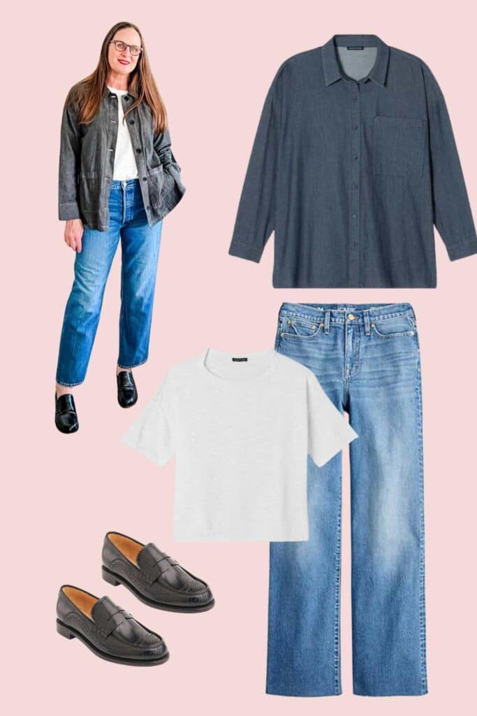 Denim trends and styles 2024 include Bev Jeans from Alex Mill, a cotton twill shirt jacket and tee shirt from Eileen Fisher, and loafers from The Office of Angela Scott.