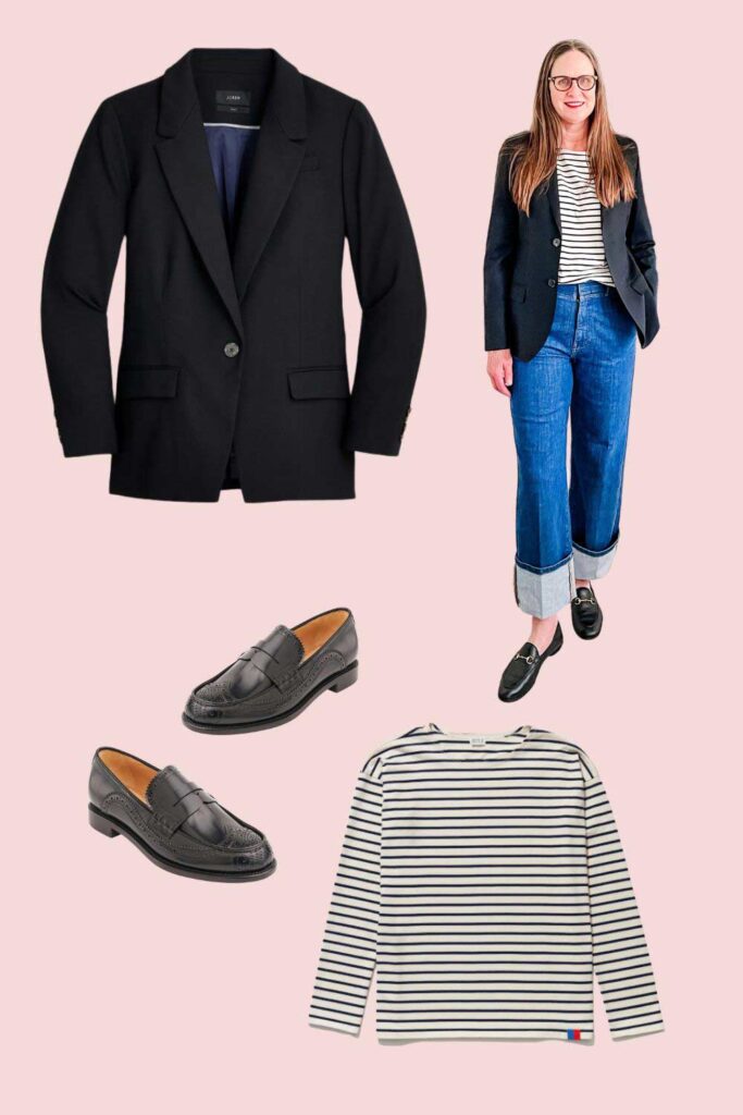 Denim trends and styles for 2024 include a black blazer from J. Crew, Maisy relaxed cuff jeans, strip tee from Kule, and loafers from the Office of Angela Scott.