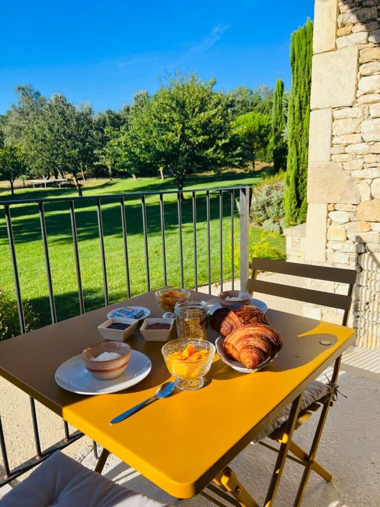 Breakfast on the private terrace fo the perfect, most charming place to stay in Provence, France.